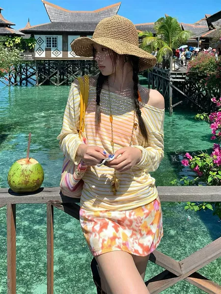 Women's Two-Piece Swimsuit with Skirt, Striped Orange Long-Sleeve Cover-Up, Tummy-Concealing Slimming Bikini Set, Perfect for Vacation