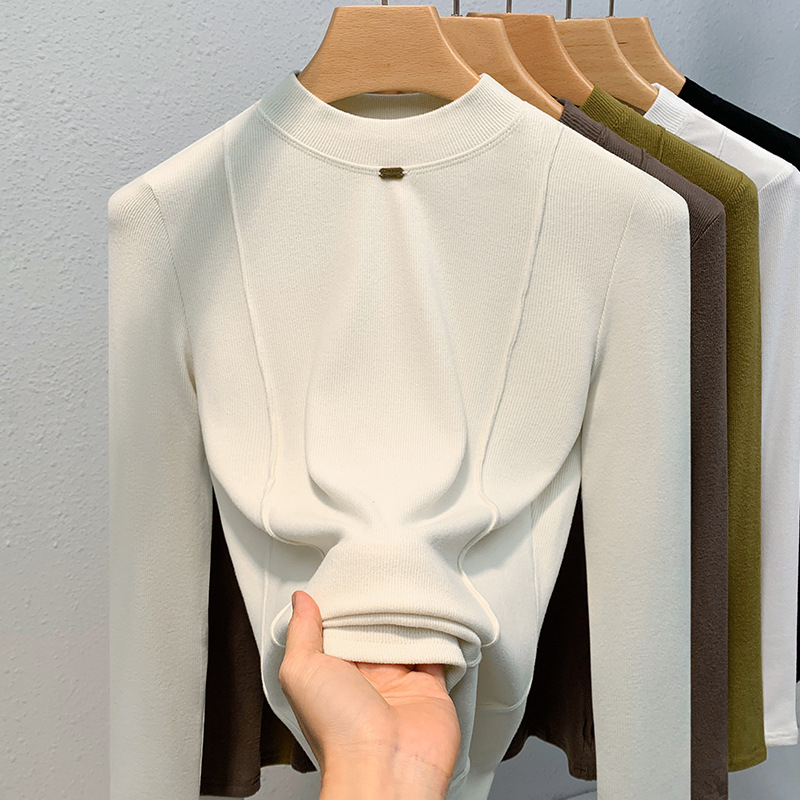 Camiseta de cuello alto para mujer, estilo europeo 2025, nueva moda femenina, color sólido, manga larga, con diseño que estiliza la cintura y capa interior con diseño de espina de pescado.