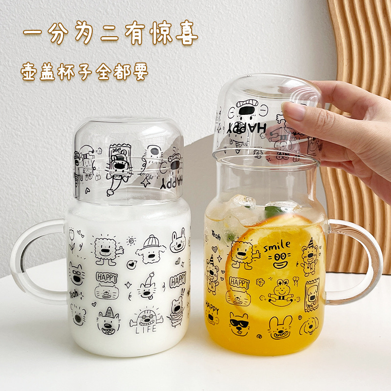 大容量高ホウ素シリコングラス家庭用アニメ蓋付きカップ高颜値女性ハンドル牛乳飲料カップ|undefined
