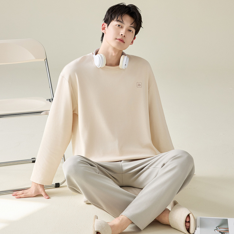 Tight Pure Cotton Pajamas Men's Spring and Autum Long-Sleeved Pants Simple Casual Style Pure Color Men's Large Size Home Wear Set Tight Pure Cotton Pajamas Men's Spring and Autum Long-Sleeved Pants Simple Casual Style Pure Color Men's Large Size Home Wear Set