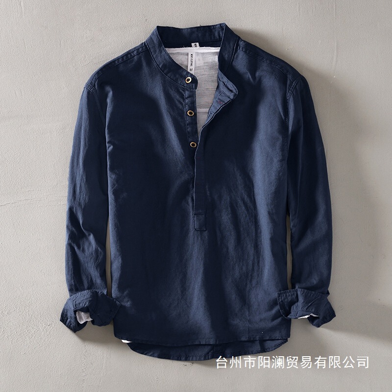Men's Linen Long-Sleeved Shirt with Stand Collar, Spring and Autumn Wear, Youth Casual Loose Fit, Men's Cotton and Linen Fabric, White Shirt for Layering, Wholesale Men's Linen Long-Sleeved Shirt with Stand Collar, Spring and Autumn Wear, Youth Casual Loose Fit, Men's Cotton and Linen Fabric, White Shirt for Layering, Wholesale