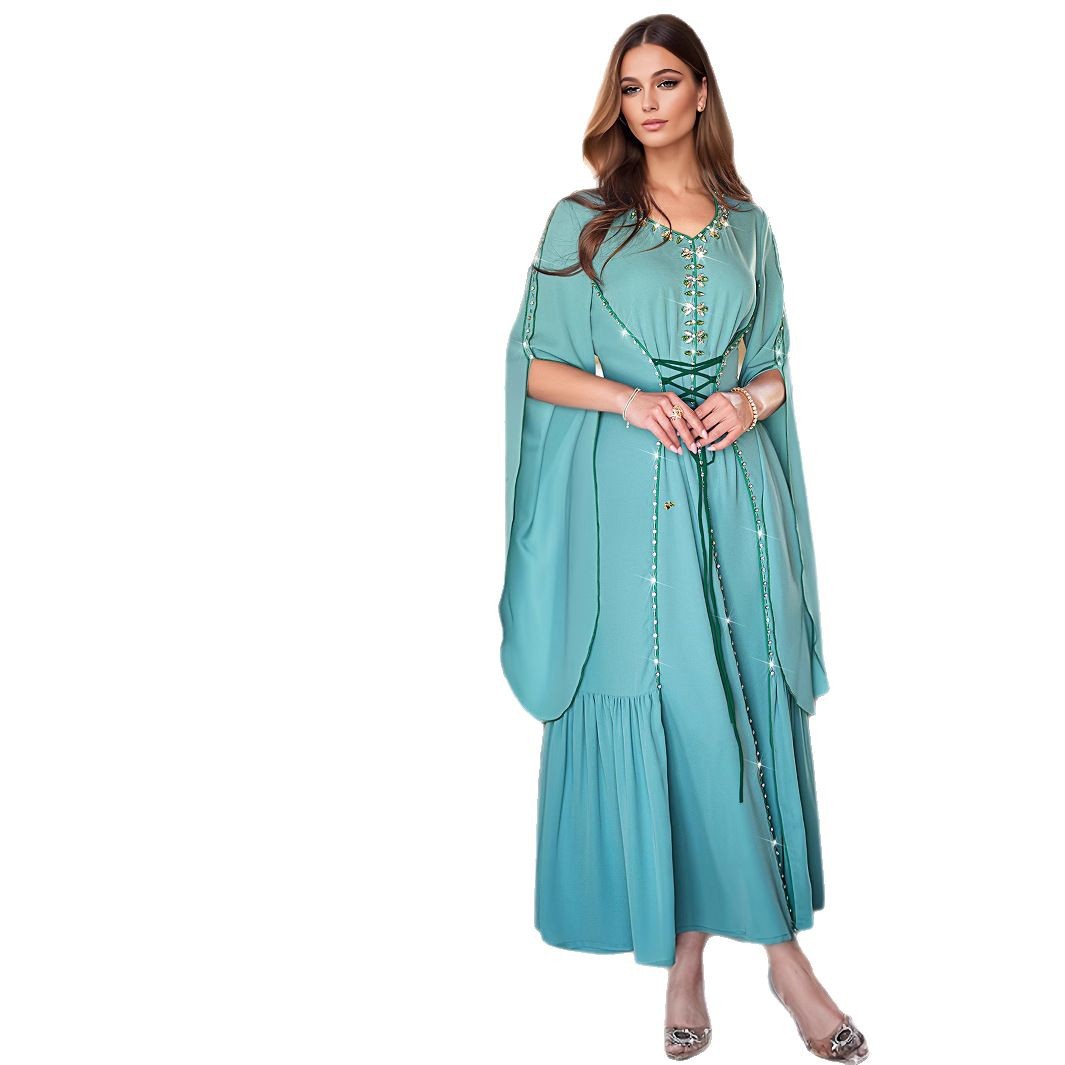 BA5039 Middle East Foreign Trade Dubai Clothing Muslim Fashion Robe Abaya With Rhinestones Women's Evening Dress_ecoleips.com