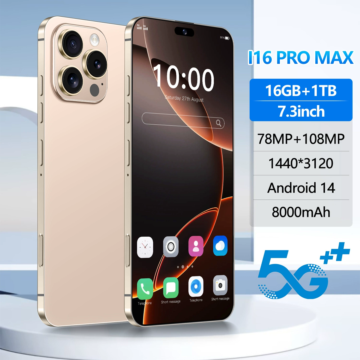 Smartphone i16pro max, 7.3‑inch large screen, Android 14, 4+128, octa‑core, 4G