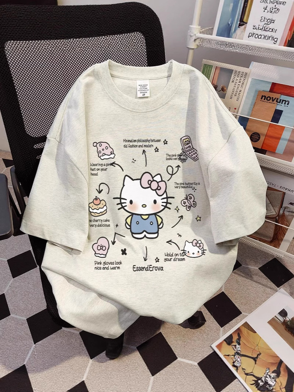 韓国版のかわいい純綿半袖 T シャツ女性の夏の漫画ハローキティプリント多用途カジュアルルーズトップスイン|undefined
