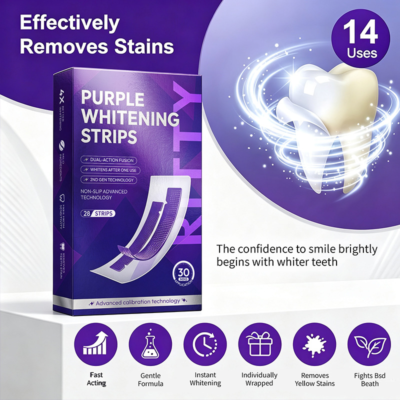 Cross-border foreign trade purple tooth strips for removing yellowing and stains, fresh breath, dental cleaning and care, whitening strips, factory wholesale