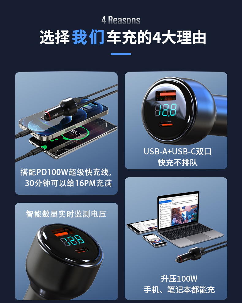 Cross-Border 130W Step-Up/Down Car Charger Super Fast Charging Metal Digital Display Pd100W Can Charge Laptops and Car Chargers