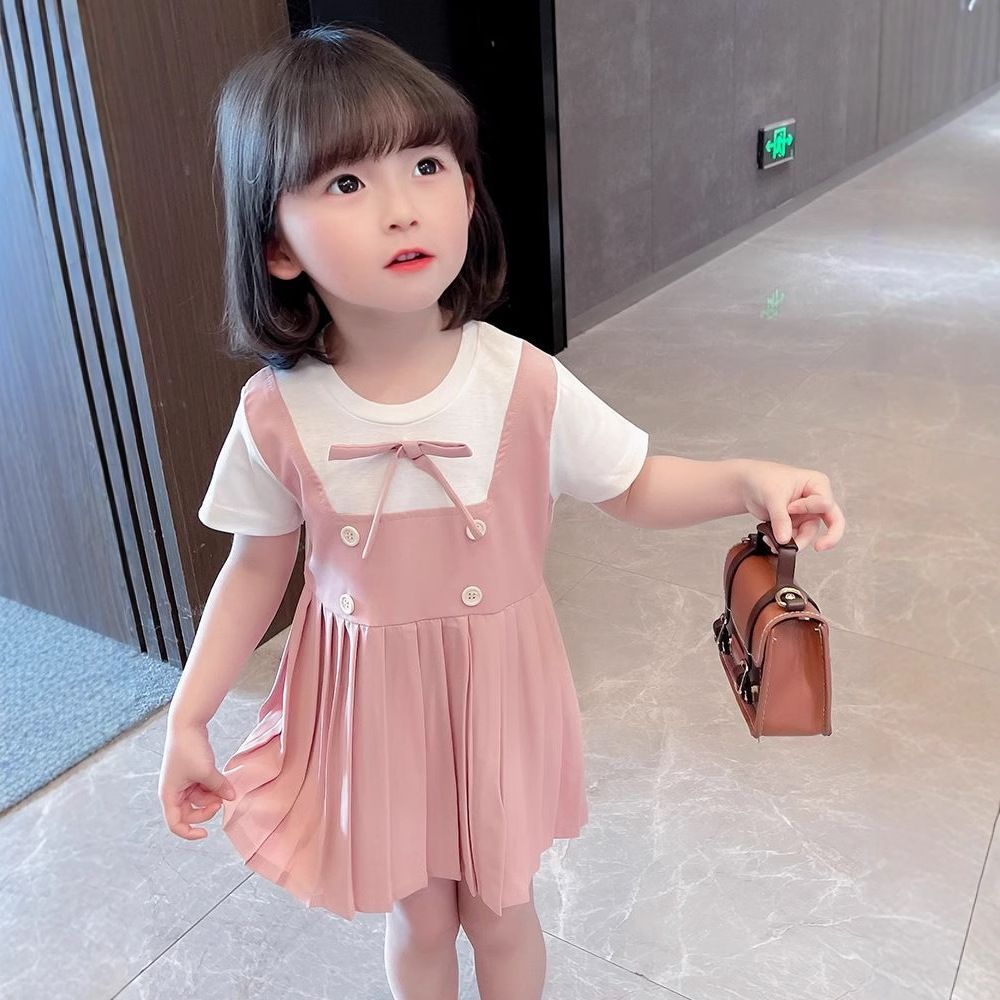 Girls' Pleated Dress, Faux Two-Piece Cotton Dress, 2026 Summer New Korean Style Princess Dress, Lightweight Dress for Young Children