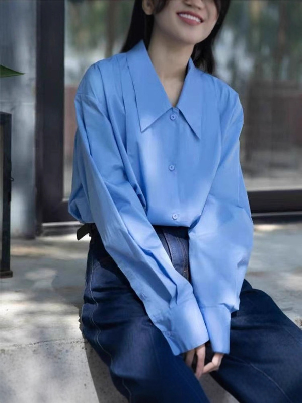 法式复古娃娃领 蓝色衬衫女衬衣白色长袖休闲通勤春秋款宽松上衣|undefined