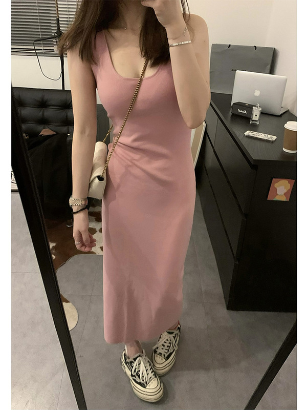 纯欲百搭 长款休闲针织显瘦修身背心连衣裙无袖打底吊带裙|undefined