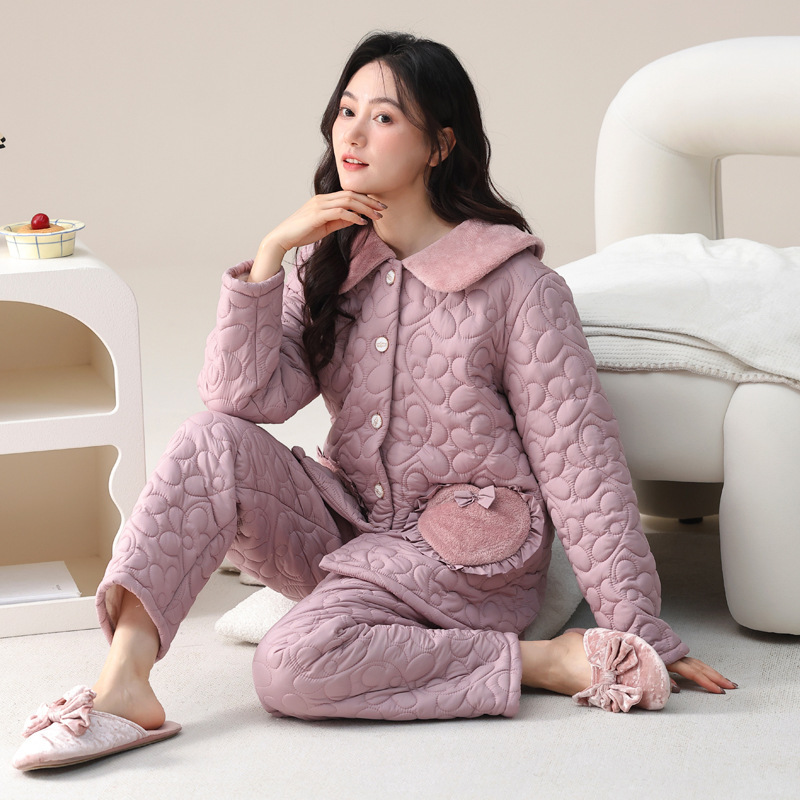 2024 new pajamas women's coral fleece three-layer fleece-lined padded cotton-padded jacket winter warm down cotton-padded jacket home clothes