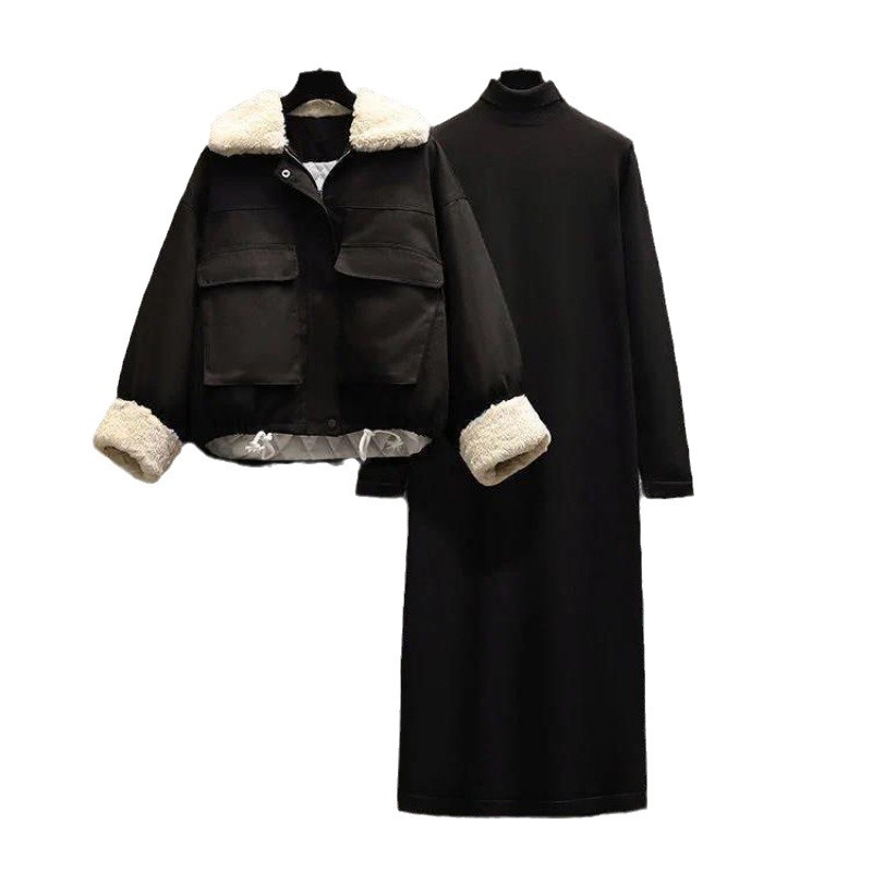 Winter Set Women's 2023 New Suede Collar Casual Cotton Dress Versatile Coat Fat mm Dress Cover Two Piece Set