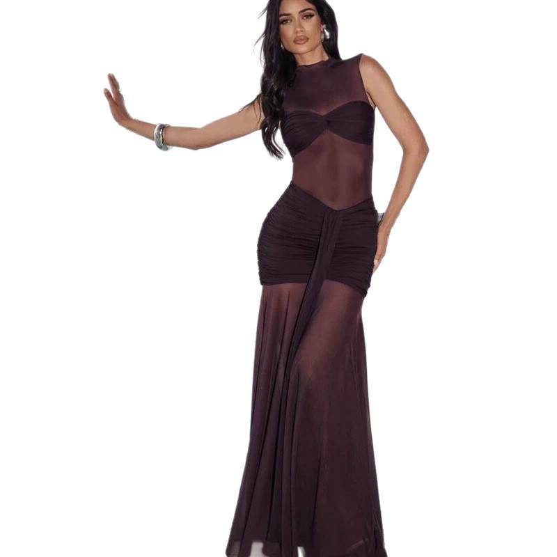 Elegant Bodycon Dress For Women Sexy Sheer Long Dress With Pleated Patchwork Slim Fit High Neck American Style_ecoleips.com