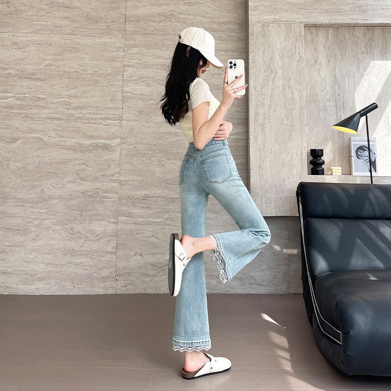 Jeans de encaje azul claro nueve puntos de primavera de mujer nuevo tamaño grande en forma de pera figura delgada elástica boquilla recta