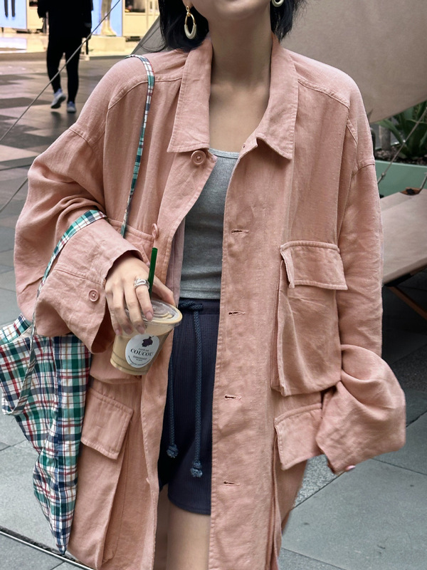 外套女2025新款工装多口袋苎麻天丝翻领风衣休闲宽松上衣C0838|undefined