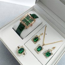 現貨女士女表方形時尚皮表跨境套裝綠色復古手表時尚