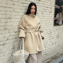 ELSISSI韩系双面羊绒毛呢大衣女小个子2025冬季羊毛绑带呢子外套