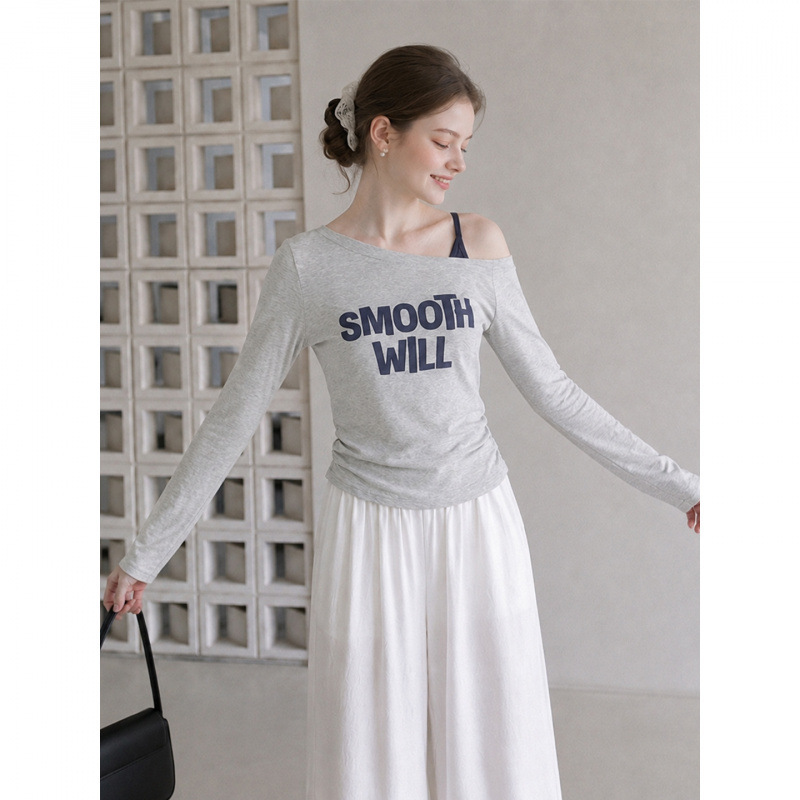 Korean-style autumn gray one-shoulder off-shoulder waist-cinching long-sleeve T-shirt 2026 base shirt faux two-piece top for women