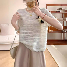 夏季镂空圆领针织短袖T恤女宽松版型波浪领纯色时尚百搭休闲甜美