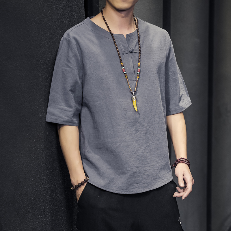 中国风夏季新款男士潮流棉麻短袖T恤半袖上衣男士盘扣五分袖T恤