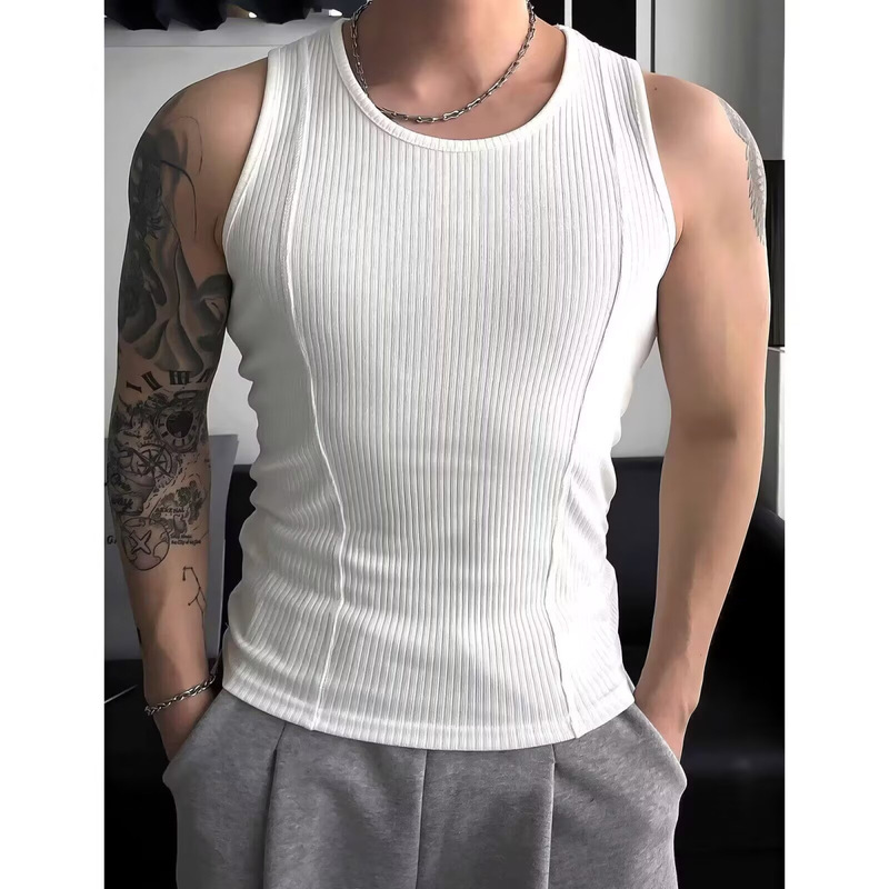 Tight American Threaded Vest Men's Solid Color Sleeveless Casual Vest T-Shirt Sports Waistband Fitness Training Top