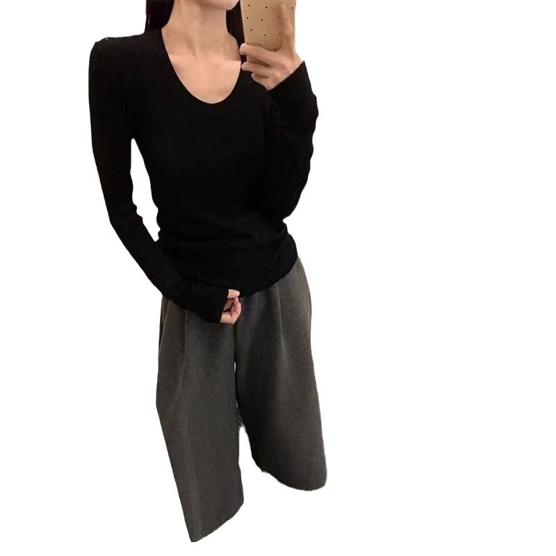 가을과 겨울 긴소매 U넥 솔리드 컬러 하이 엔드 미니멀리스트 한국식 풀오버 스웨터베이스 간단한 긴팔 탑