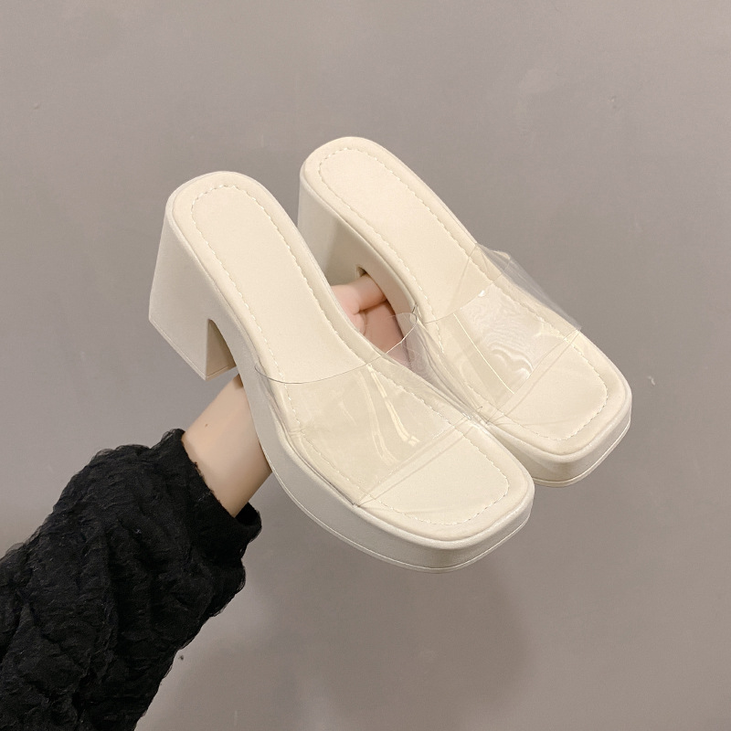 European Style Women's Shoes 2024 New Fashion Transparent One-Strap Sandals Thick Sole Waterproof Platform Square Toe_vogvips.com