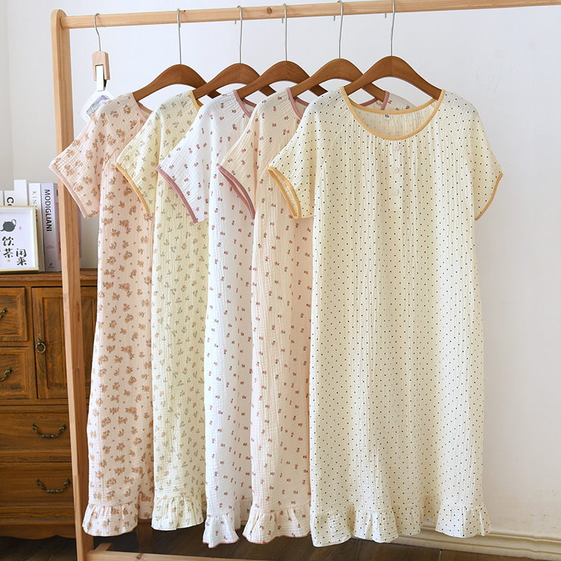 Pure Cotton Nightgown Spring and Summer Trousers Double Gauze Baby Cotton Soft and Comfortable Cotton Yarn Thin Short-sleeved Home Clothes Pajamas