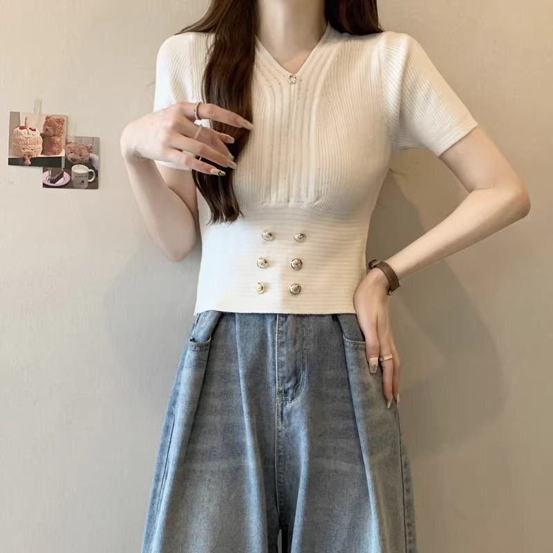 V-Ausschnitt, hohe Taille, kurzärmeliger Damen-Sommer, neuer französischer Stil, kleiner, duftender Wind, Eisseide, gestrickter Pullover_voghion.com