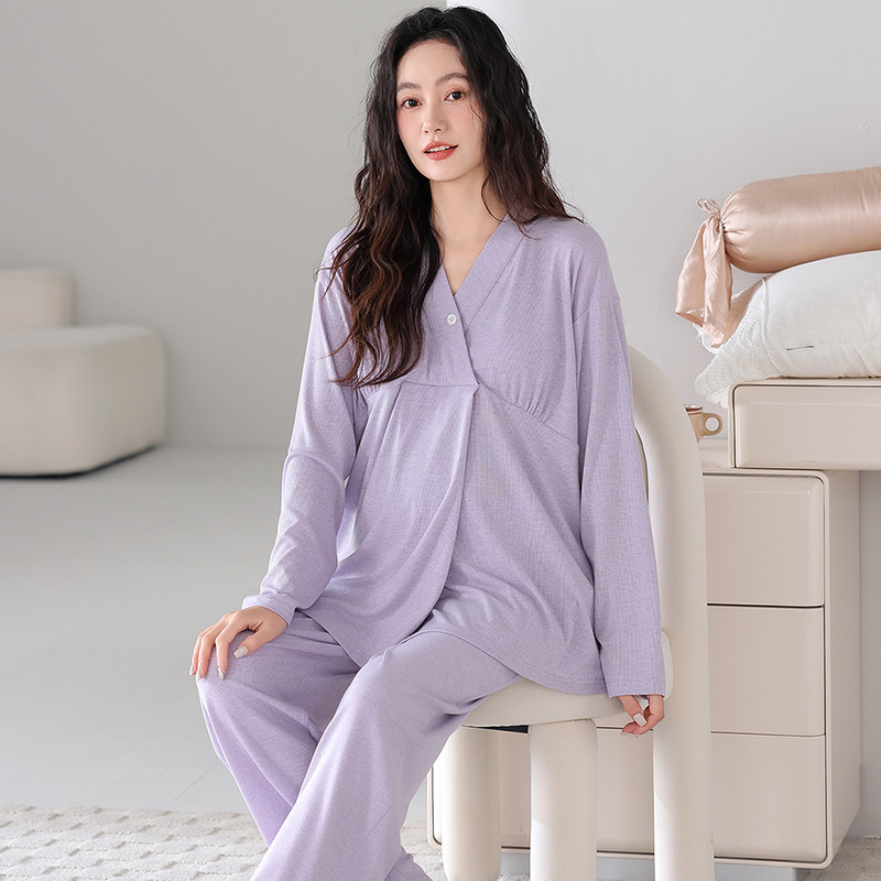 Spring and Summer Maternity Confinement Clothes Modal with Chest Pads and Threads That Can Be Worn Outside Long-Sleeved Pants Nursing Pajamas Casual Suit