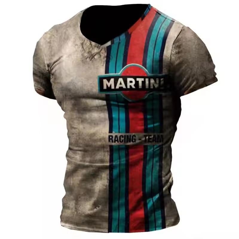 Camiseta de cuello redondo de manga corta transpirable de malla suelta de verano de los hombres con estampado 3D con estampado de lema retro clásico