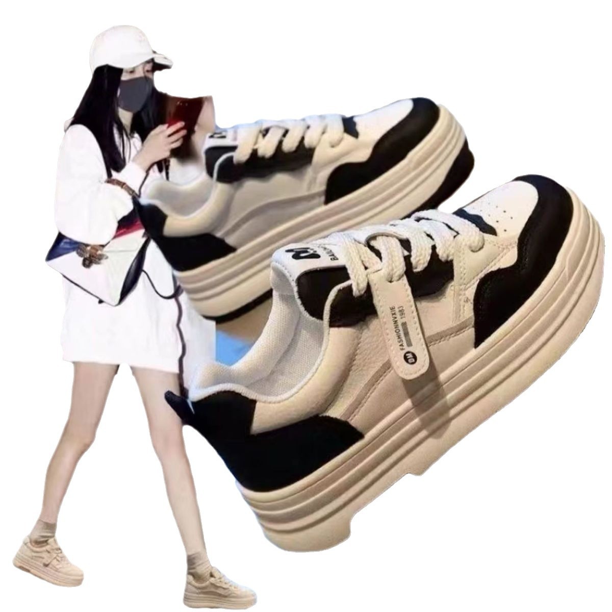 Zapatos de skate para mujeres 2024 nuevos zapatos de muffin de soleas gruesas de otoño todos los tipos de deportes casuales Panda nicho explosivo zapatos blancos pequeños