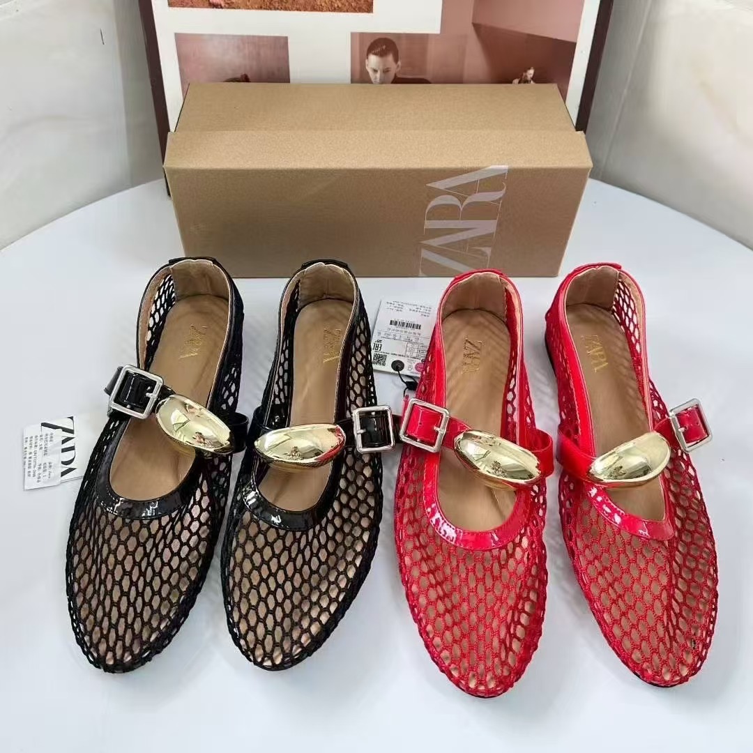 Metal Buckle Fishnet Cut Out Flats Mary Jane Shoes for Women Spring French One-Line Ballet Mesh Sandals for Women