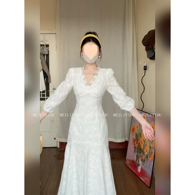 Платье больших размеров с v-образным вырезом, летняя новая модная французская ретро-вышивка, кружево, элегантная тонкая длинная юбка с рыбьим хвостом