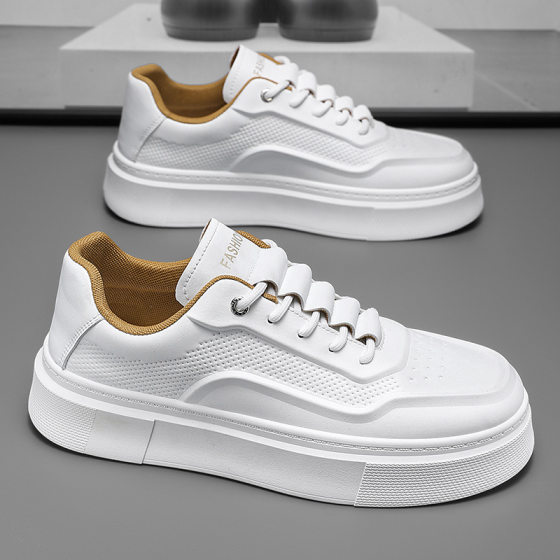 Spring Men's Shoes New Breathable Leather White Shoes Men's Trendy All-match Thick-soled sneaker Casual Board Shoes Trendy Shoes