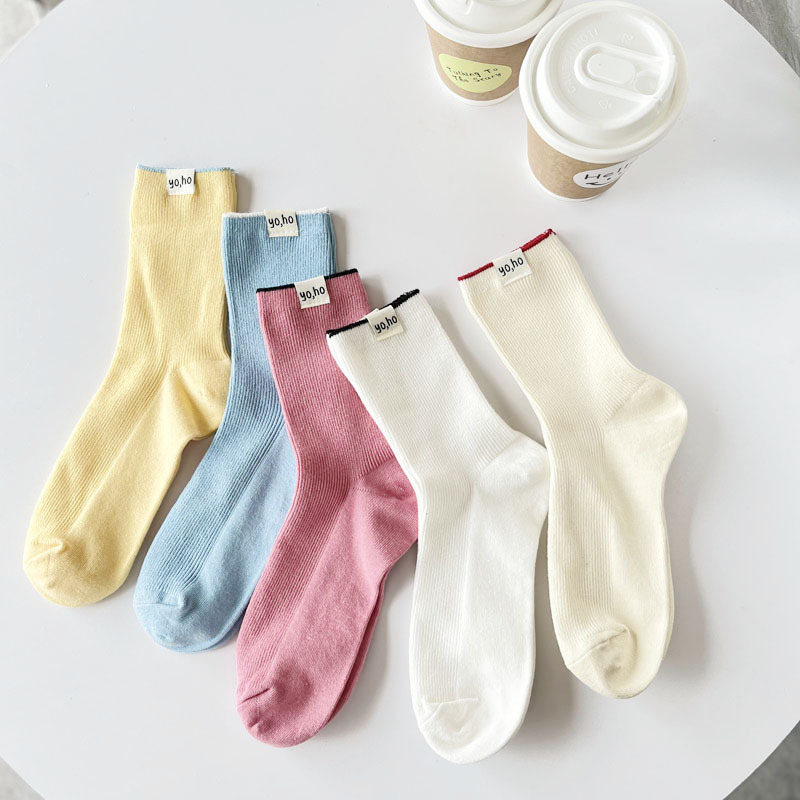 Dopamine tide cream colored children's spring and summer breathable middle tube pile fabric label women's socks, double_voghion.com