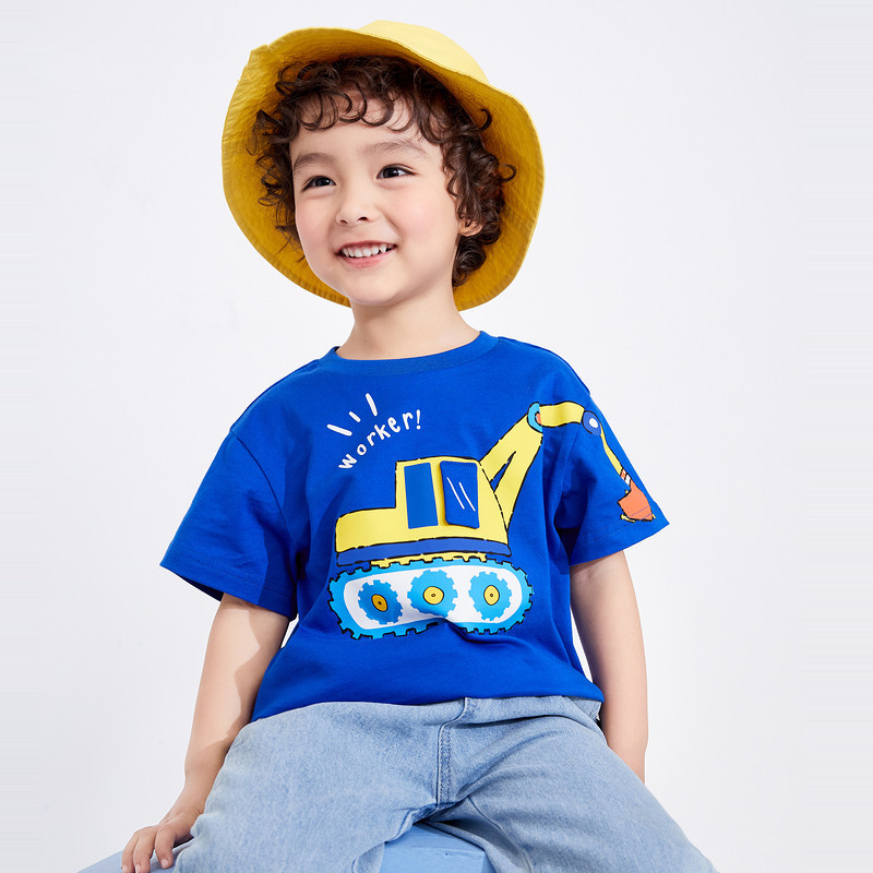 Excavator stereo mechanism children's Tshirt boys' short sleeve baby