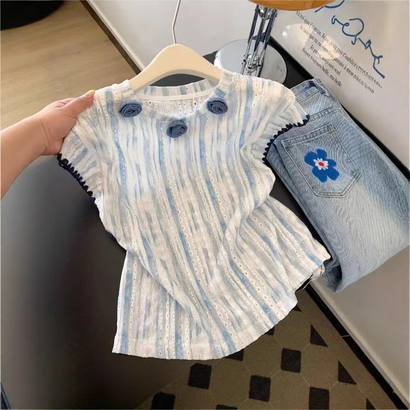 2025 新しい夏ブルーストライプ立体花フライングスリーブ半袖 Tシャツ韓国スタイルの夏の美しいシャツ女性のための|undefined