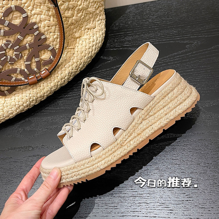 Fashionable straw casual sandals wedge heel with shoelaces open toe…