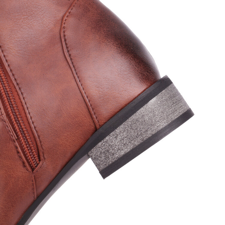 Square buckle belt buckle round toe chunky low heel women's boots Simple retro knight boots_voghion.com