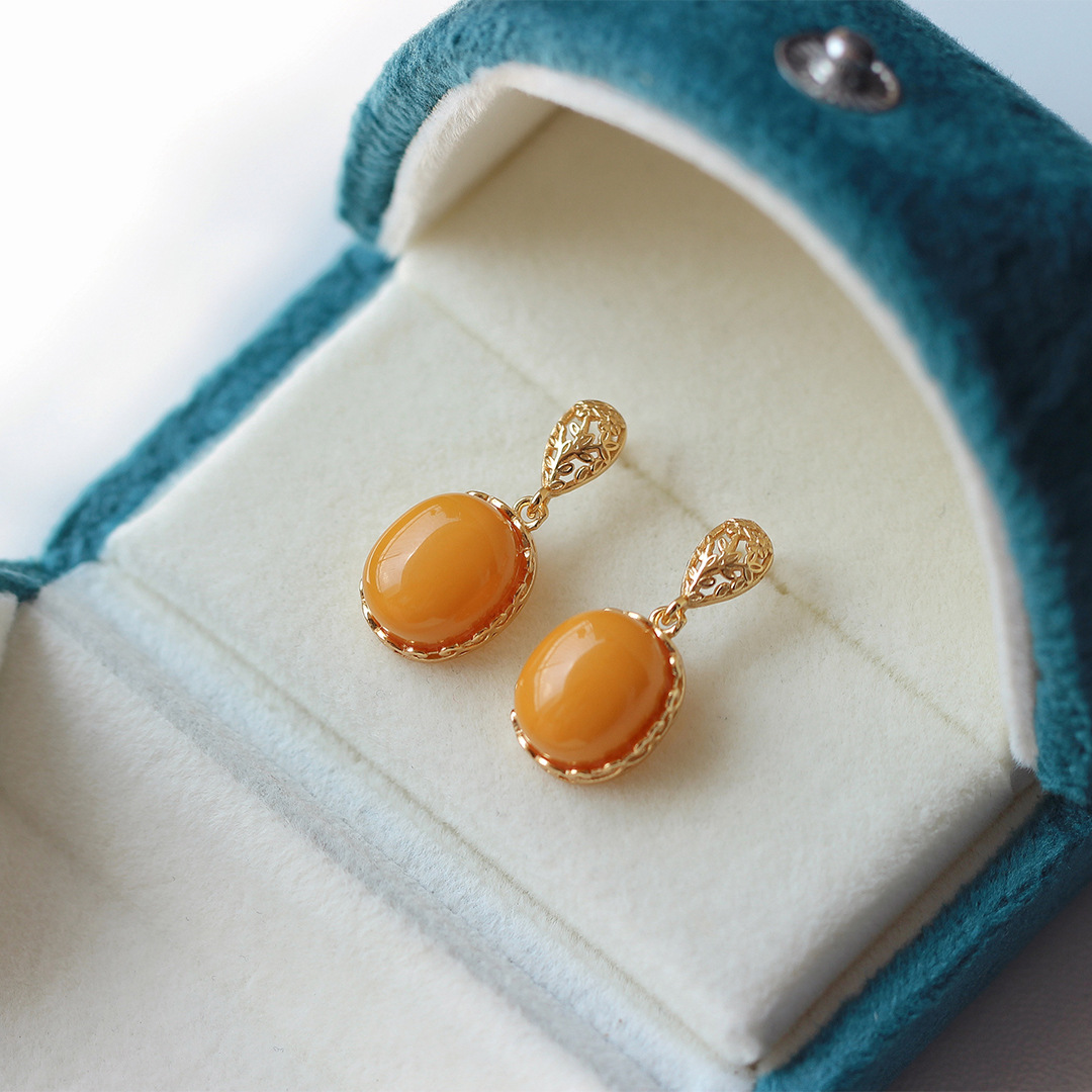 Natural Chicken Oil Yellow Egg Surface Retro Earrings for the Year of Birth, Natural Beeswax Amber Women's National Style Earrings
