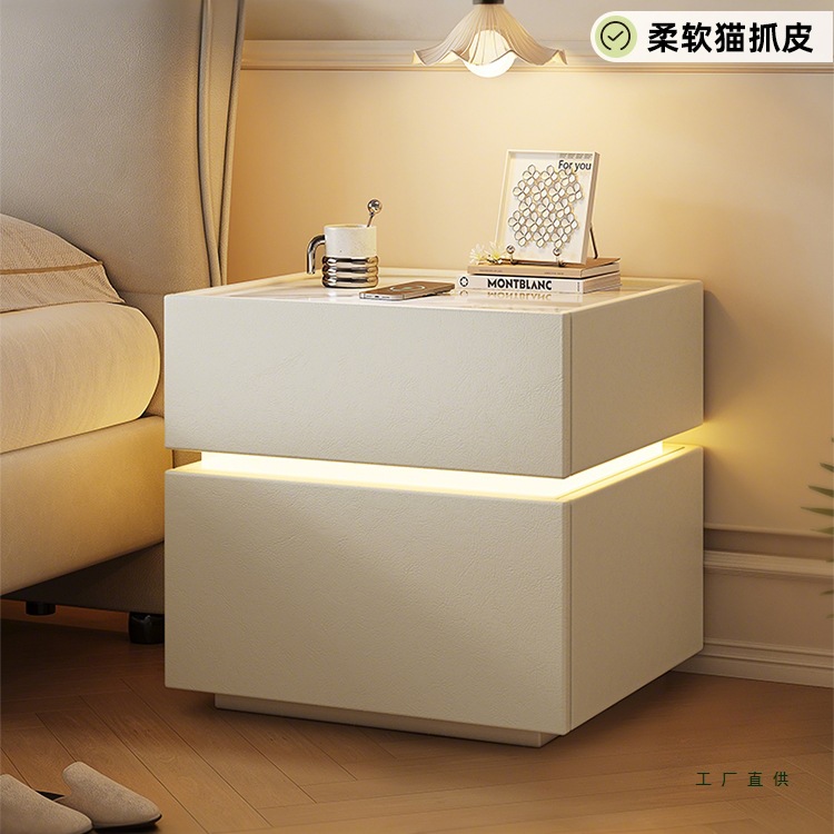 Solid Wood Bedside Table for Home Bedroom 2025 Hot-Selling Light Luxury High-End Cream Style Small Bedside Storage Cabinet Smart