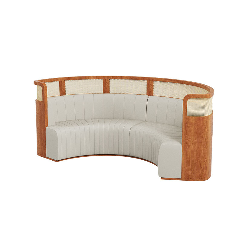 sofá de madera maciza estilo japonés semicircular tela de caña con asiento de tarjeta, restaurante temático del sudeste asiático combinación de mesas y sillas
