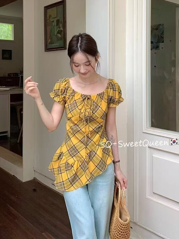 韓国のスクエアネックパフスリーブ裾不規則なレースチェック柄シャツトップ女性のスリムフィット夏|undefined
