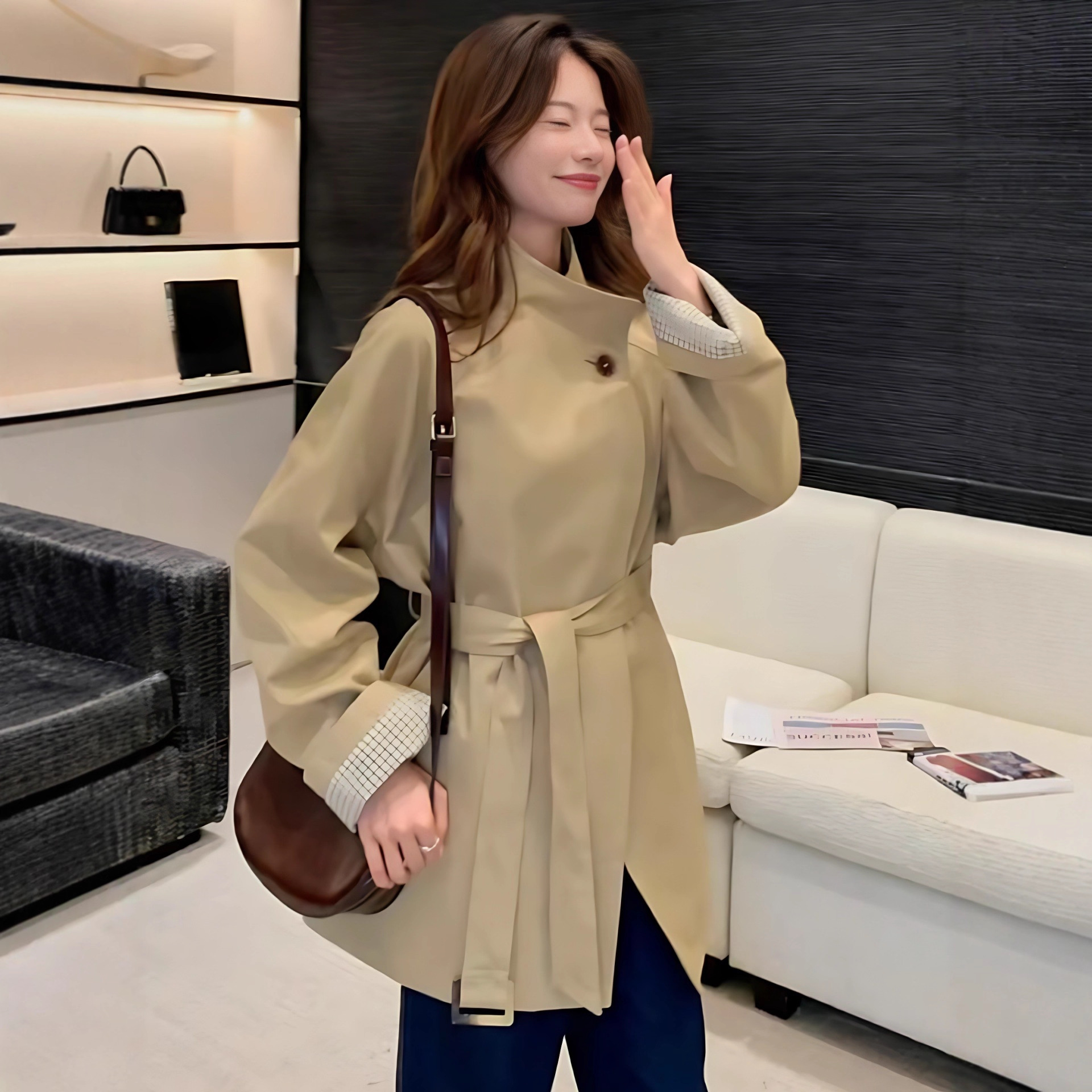 Stand Collar Trench Coat for Women 2025 Autumn New Fashion Versatile Age-Reducing Casual Loose Stylish Coat Top Trendy