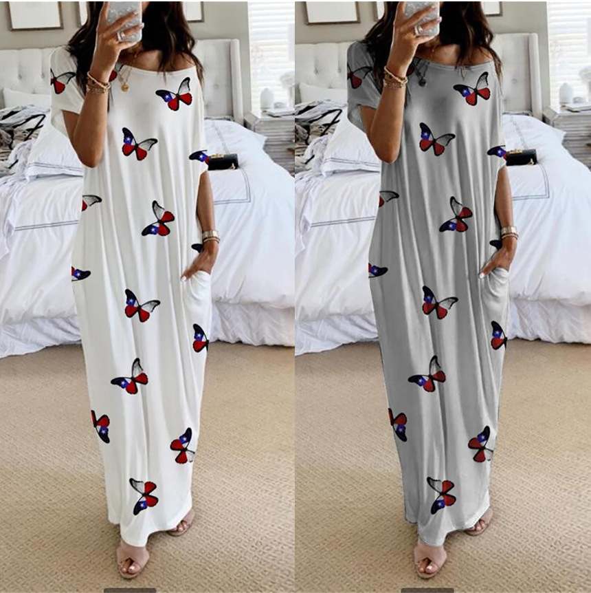 new women's butterfly print short-sleeved long dress_mkmklike.com
