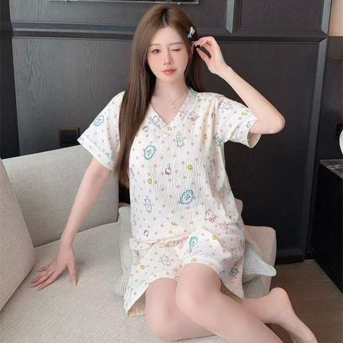 Vietnam transfronterizo transmisión en vivo estilo caliente verano con cuello en V nube pijamas de algodón pantalones de manga corta para mujer traje de servicio a domicilio para estudiantes de dibujos animados