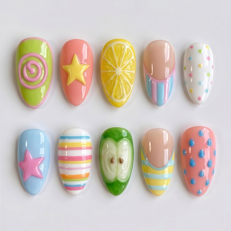 Childlike spiral embossed press-on nails dopamine lemon apple star cartoon almond foreign trade fake nails wholesale Childlike spiral embossed press-on nails dopamine lemon apple star cartoon almond foreign trade fake nails wholesale