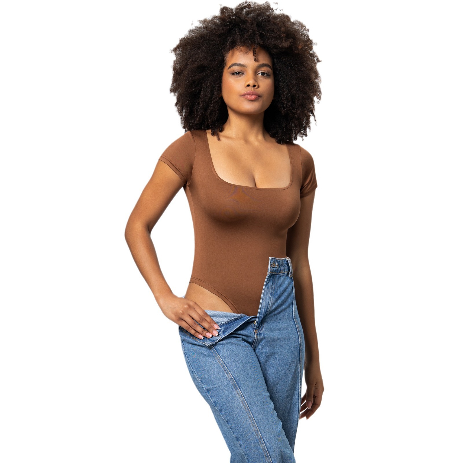 Mono apretado de cuello cuadrado de moda de mujer europea y americana color sólido Sexy Slim Plus Size manga corta Camiseta mono de mujer