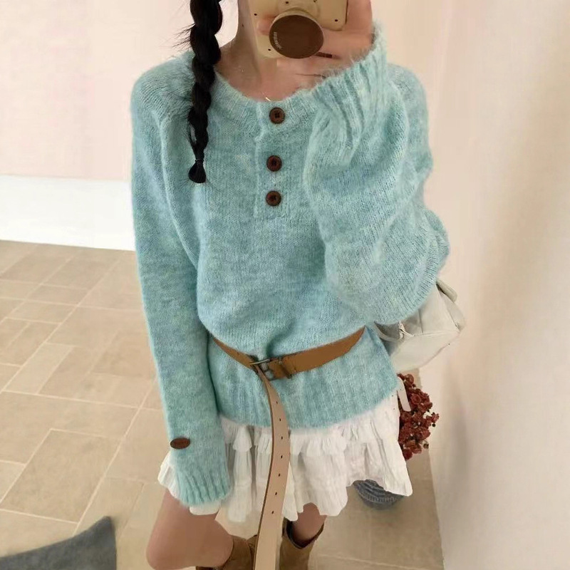 Korean Style Long Camel Hair Simple Long-Sleeved Round Neck Loose Pullover Sweater Thick Needle Fluffy Texture Knitted Pullover for Women