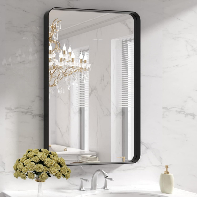 Black metal frame bathroom mirror, rounded rectangular mirror, matte black bathroom vanity mirror, vertical hanging
